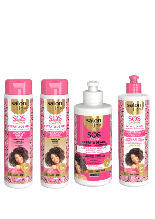 Lockenpflegeprodukte Honig bestehend aus Leave-in-Conditioner, Shampoo, Conditioner und Lockenaktivator 